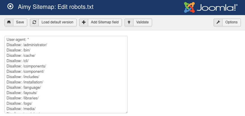 Aimy Sitemap robots.txt editor in the Joomla! backend