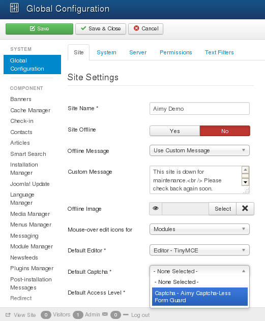 Set default captcha in Global Configuration in the Joomla! backend