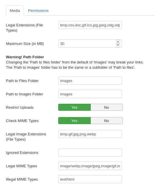 Setting options in Joomla's media manager