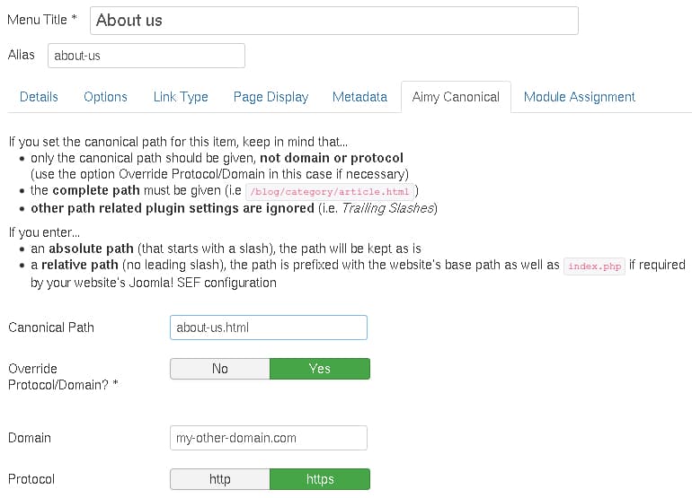 Setting a custom Canonical URL using Aimy Canonical