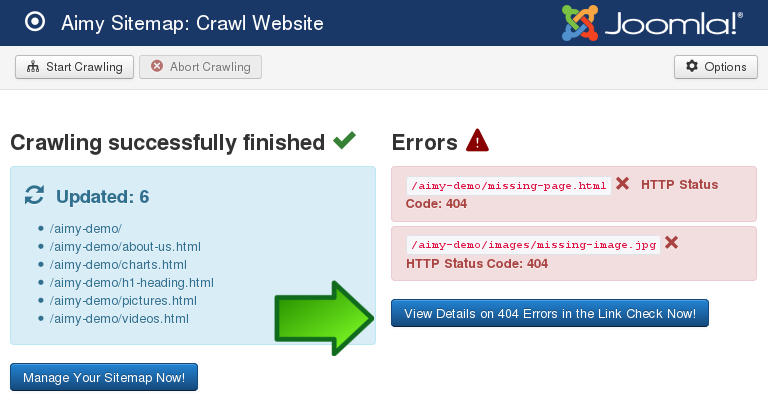 Broken Links are shown after a Crawl