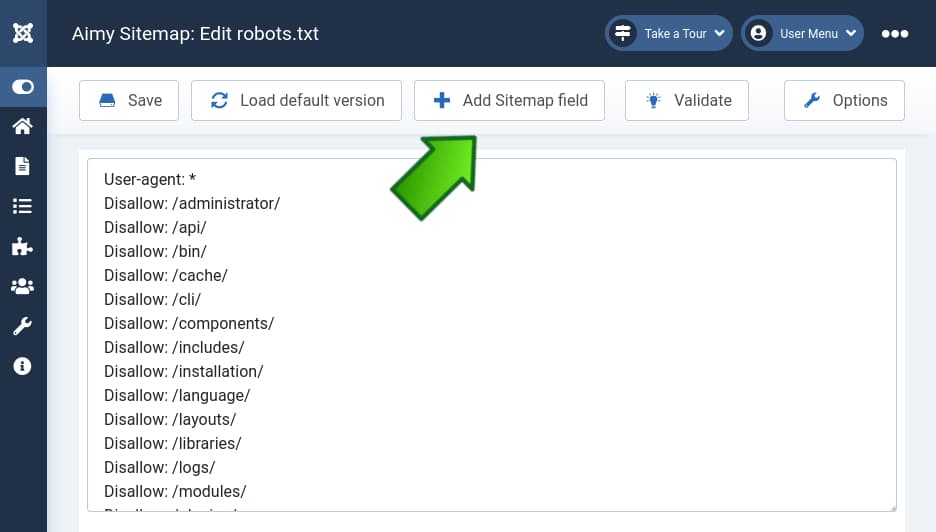 Add Sitemap field to a robots.txt file using Aimy Sitemap