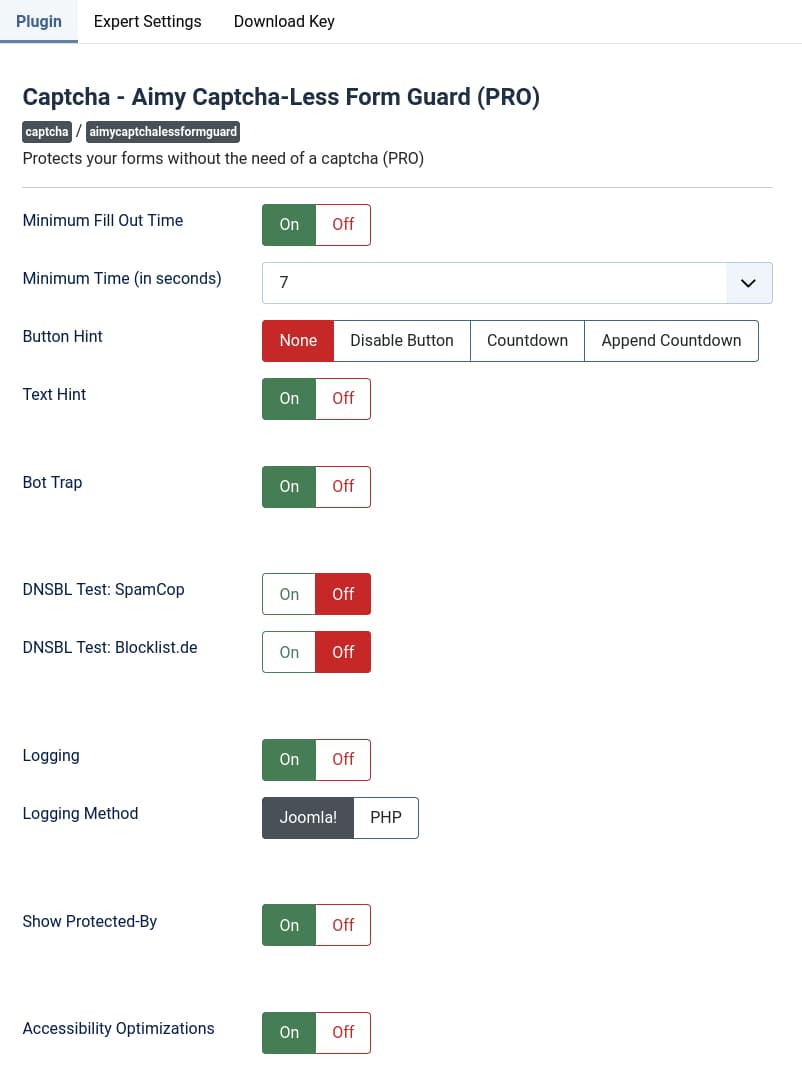 Configuration of the Joomla! Plugin Captcha-Less Form Guard!
