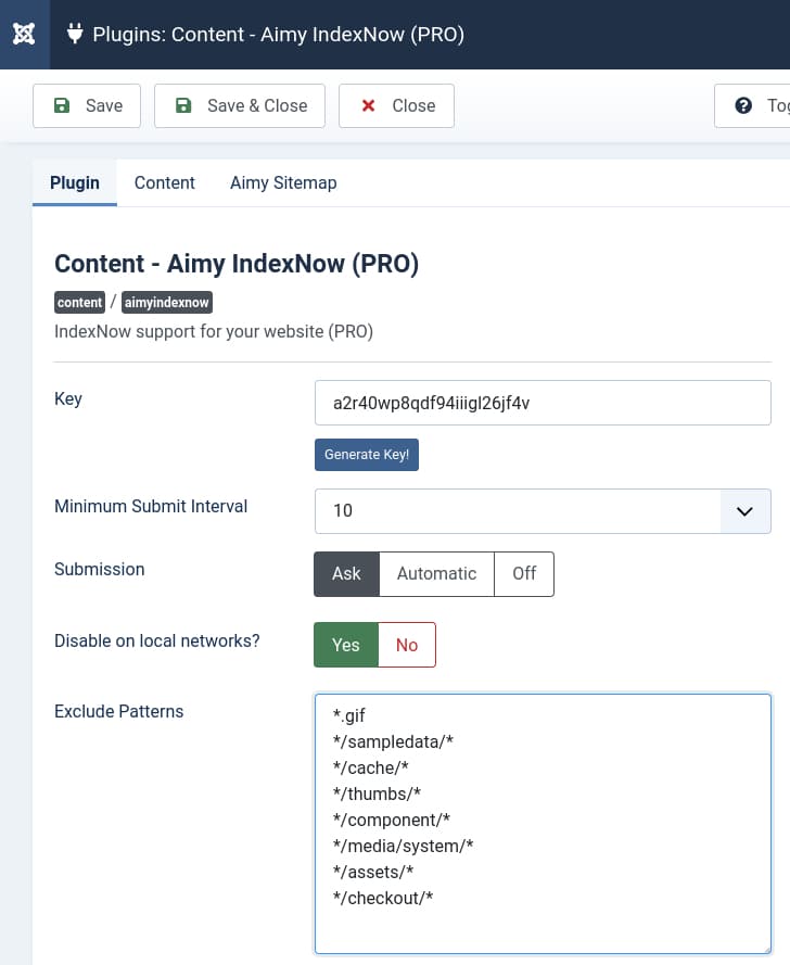 Aimy IndexNow Plugin Configuration: Key & Submit Interval
