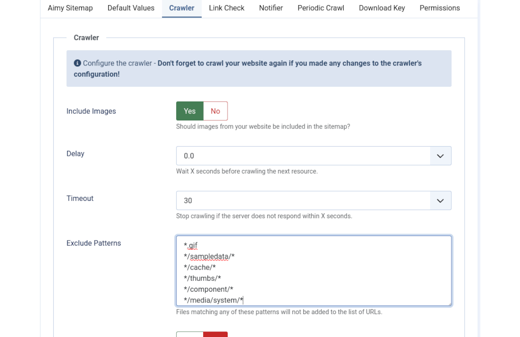 Configuring Aimy Sitemap's crawler