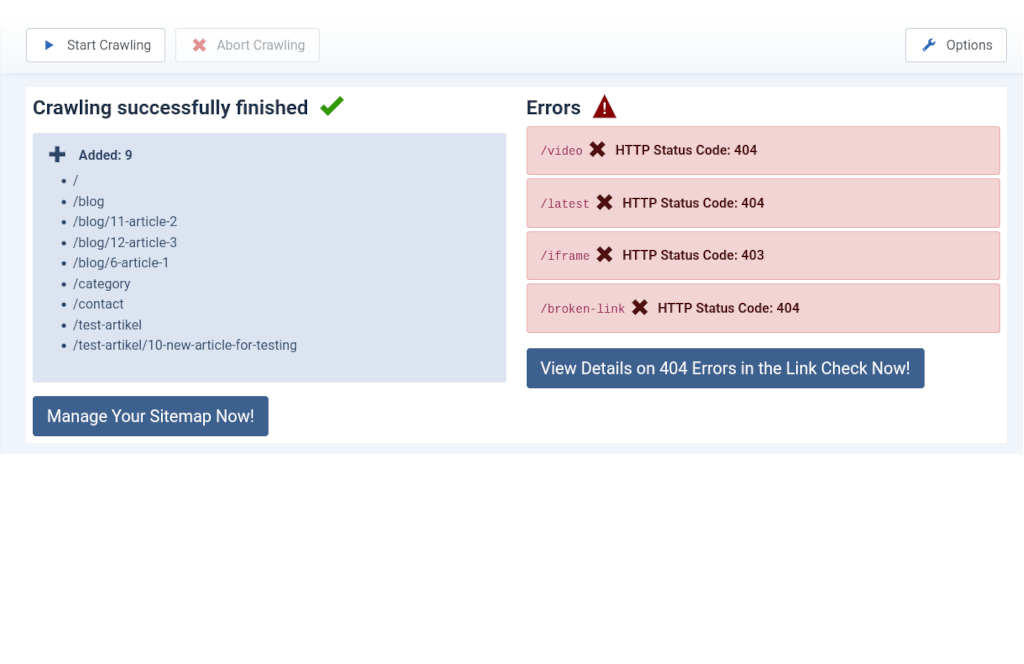 Report shown after crawling your Joomla! website with Aimy Sitemap