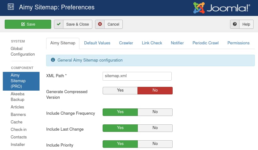 Setting preferences for Aimy Sitemap generator in the Joomla! backend