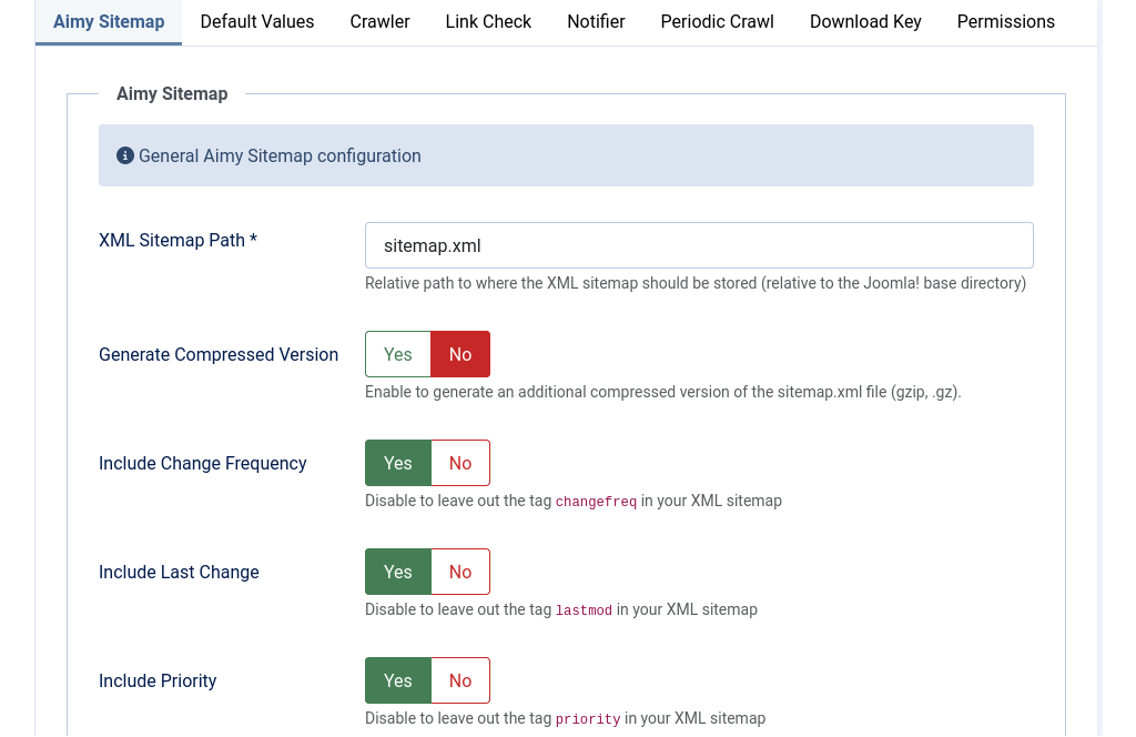 Setting preferences for Aimy Sitemap generator in the Joomla! backend