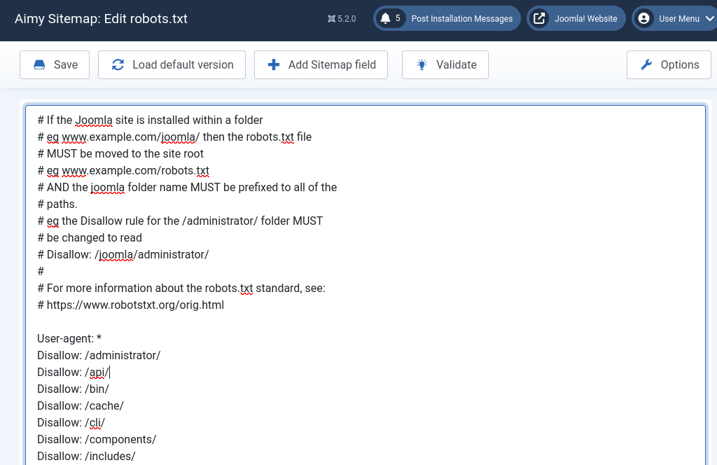 Aimy Sitemap robots.txt editor in the Joomla! backend