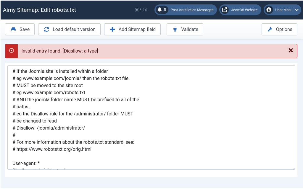 Aimy Sitemap robots.txt validator reveals a typo